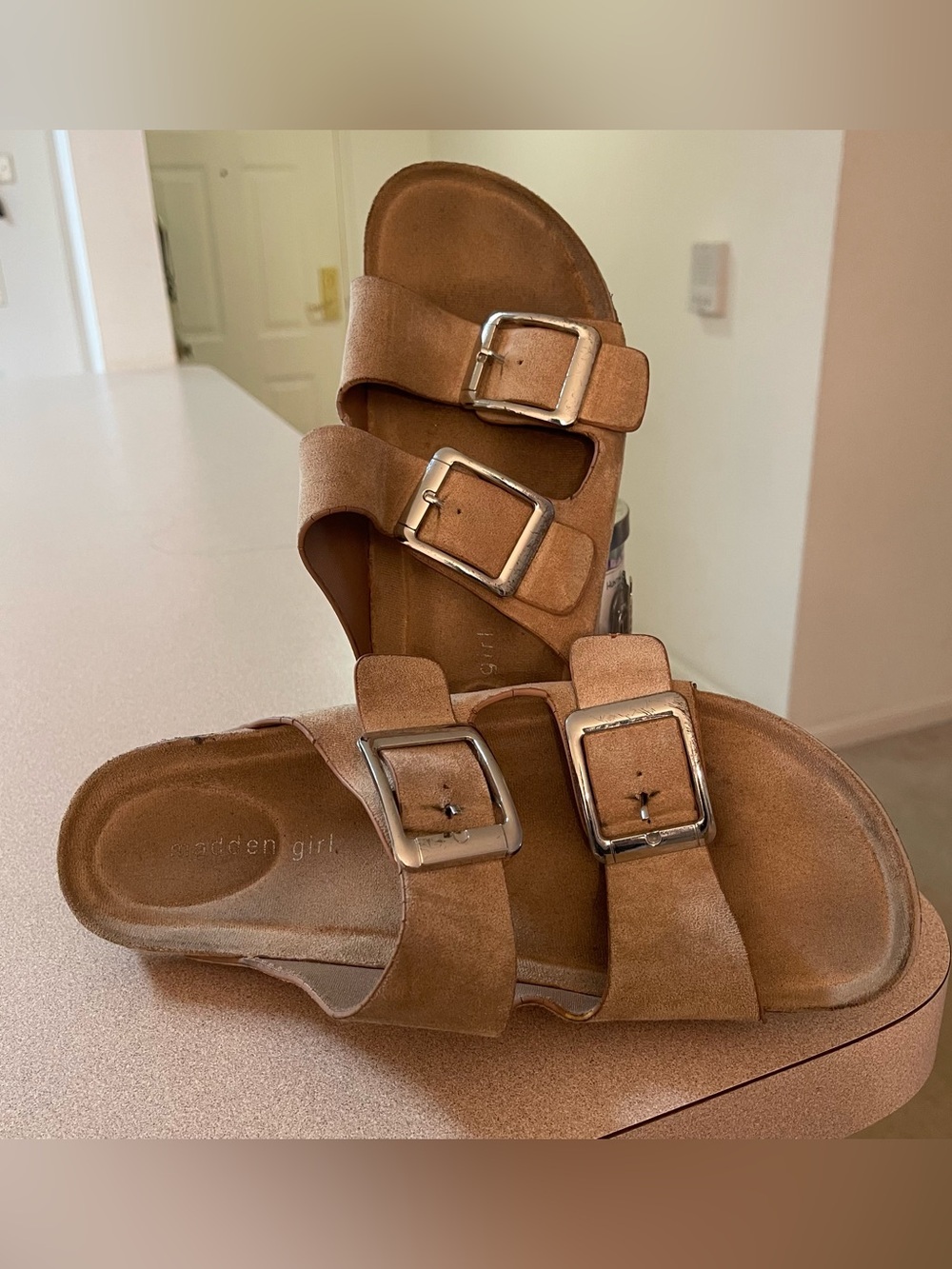 Madden Girl Tan Suede Double-Buckle Slide Sandals